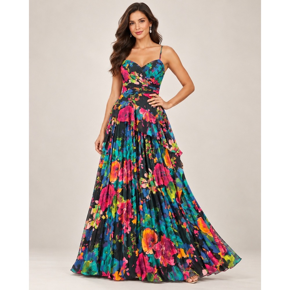 Xscape Womens Floral Print Pleated Tiered Ruffle Chiffon Gown Dress Multi 10